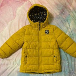 Boys Girls Yellow H&M winter puffer jacket coat - dinosaur logo- sz 5-6